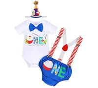Baby Boy O-fish-Ally One 1st First Birthday Cake Smash Outfit One Year Old Party Costume Cotton Short Sleeve Romper Diaper Cover Shorts Pants Hat Y-back Suspenders Set Photo Props Royal Blue 6-12M