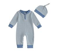Baby Boy Rompers Waffle Striped Jumpsuit Button Long Sleeve Bodysuit with Hat Welcome Home Cute Newborn Fall Clothes 0 3 6 9Months (Blue, 3-6 Months)