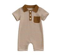 Baby Boy Rompers Waffle Striped Jumpsuit Lapel Collar Button Bodysuit Cute Newborn Summer One Piece Outfit Welcome Home 0 3 6 12 18 24Months (Brown, 12-18 Months)