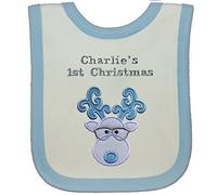 Baby Boy’s Personalised Applique Glasses Reindeer 1st Christmas Bib (White/Blue)
