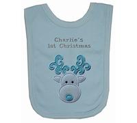 Baby Boy’s Personalised Applique Reindeer 1st Christmas Bib (Blue)