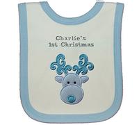 Baby Boy’s Personalised Applique Reindeer 1st Christmas Bib (White/Blue)