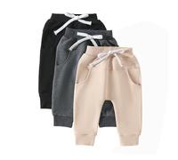 Baby Boy Spring Pants 3 Pack Cotton Active Jogger Athletic Trousers Solid Color Pocket Elastic Waist Harem Bottoms (Apricot Dark Gray Black, 6-12 Months)