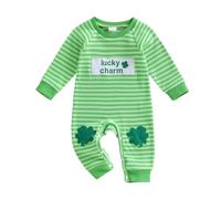 Baby Boy Spring Romper My First St. Patrick's Day Jumpsuit Shamrock Letter Embroidered Striped Romper Long Sleeve Crew Neck Shamrock Letter Embroidered Full Length Jumpsuit (Green, 6-12 Months)