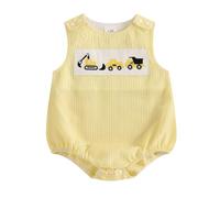 Baby Boy Summer Clothes Construction Excavator Embroidery Smocked Bubble Romper Seersucker Bodysuit Cute Newborn Coming Home Outfit (Yellow, 0-3 Months)