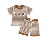Baby Boy Summer Clothes Highland Cow Embroidery Waffle Striped T Shirt Casual Shorts Country Western Cowboy 2Pcs Toddler Boy Summer Outfit 0-3Y (Khaki, 18-24 Months)