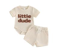 Baby Boy Summer Clothes Waffle Mamas Boy Little Dude Embroidery Romper Casual Shorts 2Pcs Newborn Coming Home Outfit (Beige, 0-3 Months)