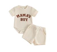 Baby Boy Summer Clothes Waffle Mamas Boy Little Dude Embroidery Romper Casual Shorts 2Pcs Newborn Coming Home Outfit (Khaki, 12-18 Months)