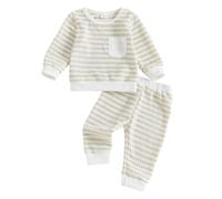 Baby Boy Tracksuit 18-24 Months Long Sleeve Striped Sweatshirt Pullover Tops with Pocket and Elastic Waist Pants Fall Winter Sets 2Pcs Toddler Boys Clothes 2-3 Years (Beige, 6-12 Months)