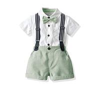 Baby Boy Wedding Outfits Bow Tie Short Sleeve Shirt Suspenders Shorts 4pcs Set Tuxedo Gentleman Suit Toddler Kids Birthday Party Cake Smash Baptism Holiday Photoshoot Dress Up Mint Green 12-18Months