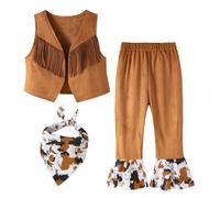 Baby Boy Western Clothes Retro Suede Fringe Vest Suit Woody Dress Up Costumes Set with Pant 3 Pcs Western Style Cosplay Clothes 12-18 Months