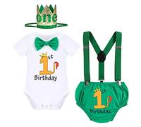 Baby Boy Wild One Theme First 1st Birthday Cake Smash Outfit Lion Costume Cotton Short Sleeve Romper Diaper Cover Shorts Bloomers Y-back Suspenders Crown Headband 4pcs Set Green - Lion 12-18 Months