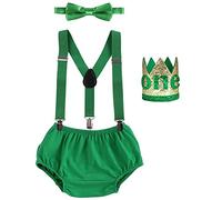 Baby Boys 1st Birthday Cake Smash Outfit Toddler Newborn Farm Jungle Theme Diaper Cover PP Pants Shorts+Suspenders+Bow Tie+Prince Crown/Ear Headband 4PCS Set Photo Props Green+Gold 1 Year