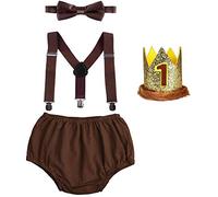 Baby Boys 1st Birthday Cake Smash Outfit Toddler Newborn Farm Jungle Theme Diaper Cover PP Pants Shorts+Suspenders+Bow Tie+Prince Crown/Ear Headband 4PCS Set Photo Props Dark Brown 1 Year