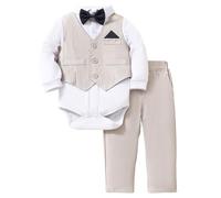 Baby Boys Christening Suit Gentleman Clothing Sets Toddler Boys Baby Boys Gentlemen Outfits Suit 1-10 Years Set Infant Gentleman Long Sleeve Romper Jumpsuit+Pants+Bow Tie Set for (Beige, 12-18 Months)