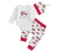 Baby Boy's Clothing Fall Sets Fire Truck/Fish Hook Pattern Long Sleeve Button Romper Elastic Waist Pants With Hat Coming Home Outfit (White, 0-3 Months)