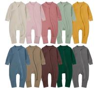 Baby Boys Cotton Outfit Long Sleeve Sleepsuits Newborn Baby Bodysuit Plain Zip Up First Birthday Outfits Footless Jumpsuit Solid Color Soft Onesie (Beige, 6-12 Months)