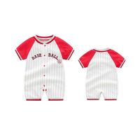 Baby Boys Cotton Short Jumpsuits Letter Print Striped Cute Short Sleeve Jumpsuits Crew Neck Buttons Summer Overall Clothes Lightweight Soft Casual Romper (Red, 3-6 Months)