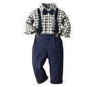 Baby Boys Dress Clothes Toddler Boys Gentleman Suits Long Sleeve Bow Tie Shirts + Suspenders Pants Formal Wedding Christening Birthday Party Cake Smash Photo Shoot Outfits Gray+Blue 6-12 Months
