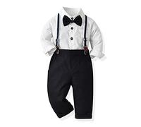 Baby Boys Dress Clothes Toddler Boys Gentleman Suits Long Sleeve Bow Tie Shirts + Suspenders Pants Formal Wedding Christening Birthday Party Cake Smash Photo Shoot Outfits White+Black 2-3 Years