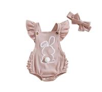 Baby Boys Easter Outfits Infant Baby Bunny Clothes Fly Sleeve Embroidery Bunny Romper Bunny Tail Bodysuit with Headband 2pcs Clothes Cute Summer Overalls Jumpsuit for Photoshoots Pink
