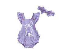 Baby Boys Easter Outfits Infant Baby Bunny Clothes Fly Sleeve Embroidery Bunny Romper Bunny Tail Bodysuit with Headband 2pcs Clothes Cute Summer Overalls Jumpsuit for Photoshoots Purple