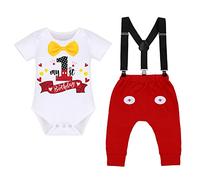 Baby Boys First Birthday Mickey Cake Smash Outfits Bowtie Romper+Adjustable Y Suspenders+Pants+Mouse Ears Headband 4pcs Gentleman Set Photo Shoot Red - My 1st Birthday 12-18 Months