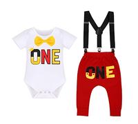 Baby Boys First Birthday Mickey Cake Smash Outfits Bowtie Romper+Adjustable Y Suspenders+Pants+Mouse Ears Headband 4pcs Gentleman Set Photo Shoot White-One 12-18 Months