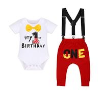 Baby Boys First Birthday Mickey Fancy Costume Cake Smash Outfits Bowtie Romper+Adjustable Y Suspenders+Pants+Mouse Ears Headband 4pcs Gentleman Set Photo Shoot White-1st Birthday 6-12 Months