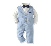 Baby Boys Gentleman Suit, Toddler Formal Waistcoat Outfit Wedding Shirts + Vest +Bow Tie 4 PCS Set(2-3 Years,Blue Plaid,Tag Size 100)