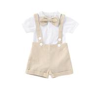 Baby Boys Gentleman Suit Tuxedo Bowtie Romper + Suspenders Strap Adjustable Elastic Braces Shorts Pants Toddler Infant Formal Birthday Party Beige