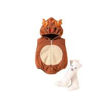 Baby Boys Girls Christmas Costume Reindeer Fleece Hooded Romper 2PC Roleplay Outfits Set Sleeveless Zip Up Fancy Dress Elf Costume Cute Fuzzy Bodysuit with Socks for 0-24 Months
