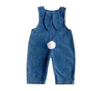 Baby Boys Girls Denim Overalls Cute Bunny Ears Pompom Jumpsuit with Pockets Button Adjustable Suspender Pants Wide Leg Causal Romper Lightweight Cozy Dungarees for Easter (Z1-Blue, 6-12 Months)