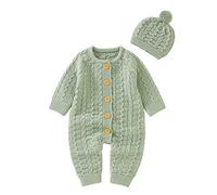 Baby Boys Girls Knit Jumpsuits Infant Crochet Sweater Toddler Cable Knit Thick Pullover Sweatshirt Button Up Cute Long Sleeve Winter Warm Romper Clothes with Knit Hat (Green, 3-6 Months)