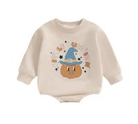 Baby Boys Halloween Bodysuit Long Sleeve Romper Cute Pumpkin Print Outfit Soft Infant Jumpsuit Fall Seasonal Clothing Khaki