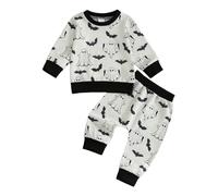 Baby Boys Halloween Print Clothes Set Ghost Bat Long Sleeve Shirt Elastic Waist Trouser Autumn Toddler Boy 2 Pieces Outfits (White, 3-6 Months)