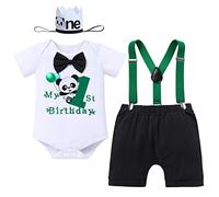 Baby Boys Panda 1st Birthday Outfit Short Sleeve Bowtie Romper + Shorts + Suspenders + Hat First Birthday Cake Smash Photo Shoot Christmas Halloween Fancy Dress Up Clothes Set Black++Shorts 1Year