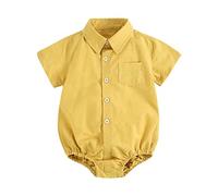 Baby Boys Summer Shirts Romper Short Sleeve Button Up Newborn Plain Bodysuit Lapel Pockets Infant Cute Onesie Solid Color Birthday Outfits (Yellow, 12-18 Months)