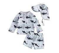 Baby Boys Swimsuit 3 Piece Rash Guard Shorts Sets Long Sleeve Round Neck Animal Coconut Print Zipper Shirt+Swim Trunks Shorts UPF50 with Sun Hat Toddler Boys Bathing Suit
