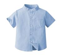 Baby Boys uttons Down Shirts Mandarin Collar Short Sleeve Solid Color Toddler Cotton Casual Tee Stand Collar Kids Cute Top Soft Comfy (Blue, 4 Years)