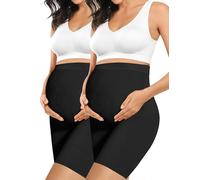 “Baby Bump” Premium Maternity Shapewear, High Waisted Mid-Thigh Pregnancy Underwear Prevent Chaffing Soft Adominal Support, Black+black, Large