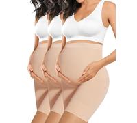 “Baby Bump” Premium Maternity Shapewear, High Waisted Mid-Thigh Pregnancy Underwear Prevent Chaffing Soft Adominal Support, Nude+nude+nude, L