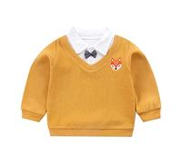 Baby Button Collar Sweater with Bow Tie Little Boys Formal School Uniform Long Sleeve Animal Embroidery Polo Shirts Casual Regular Fit Clothes Soft and Comfortable (Yellow, 18-24 Months)