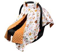 Baby Car Seat Canopy Cover - Baby Animals Bear Deer Rabbit Fox Hedgehog with Brown Orange Minky Dot