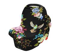 Baby Car Seat Cover Soft Stretchy Canopy and Nursing Cover Multi-Use Breastfeeding Cover Peony Roses Nightingale Birds Floral