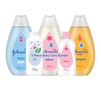 Baby Care Essentials 5 Item Gift Hamper Kit Bundle - Shampoo 300ml, Bath Gel 300ml, Lotion 300 ml, Powder 200g & Oil 200ml - Newborn & Infant Skincare Set, Perfect Baby Shower Giftset