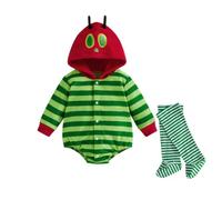 Baby Caterpillar Costume Long Sleeve Hooded Romper with Striped Stockings | Halloween Hungry Caterpillar Costume, snap-on front for easy to wear, ideal for halloween party daily