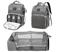 Baby Changing Bag Backpack, Nappy Changing Backpack with Foldable Cot Bed, Large Capacity Baby Diaper Bag with Changing Mat, Stroller Straps, Mosquito Net, Portable Mummy Shoulder Bag for Travel, Gray