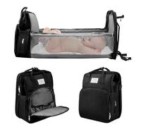 Baby Changing Bag Backpack, Portable Nappy Changing Backpack with Foldable Cot Bed, Large Capacity Baby Diaper Bag with Changing Mat,Waterproof Mummy Shoulder Bag for Travel with Stroller Straps,Black
