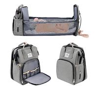 Baby Changing Bag Backpack, Portable Nappy Changing Backpacks with Foldable Cot Bed, Large Capacity Baby Diaper Bag with Changing Pad,Waterproof Mummy Shoulder Bag for Travel with Stroller Straps,Grey